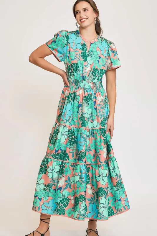 Umgee Full Size Printed Notched Short Sleeve Tiered Dress Plus Size sold by Charming Charlie