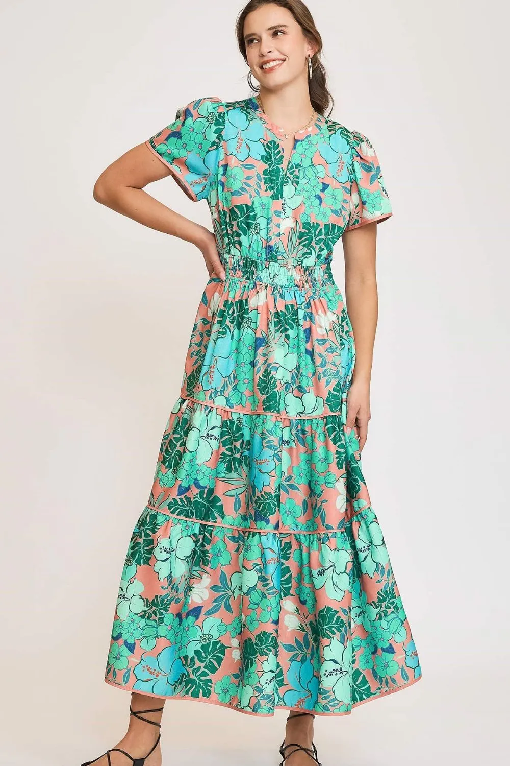 Umgee Full Size Printed Notched Short Sleeve Tiered Dress Plus Size sold by Charming Charlie