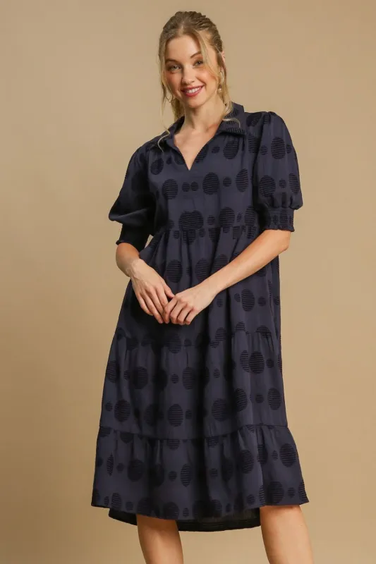 Umgee Full Size Swiss Dot Jacquard Tiered Midi Dress Plus Size sold by Charming Charlie