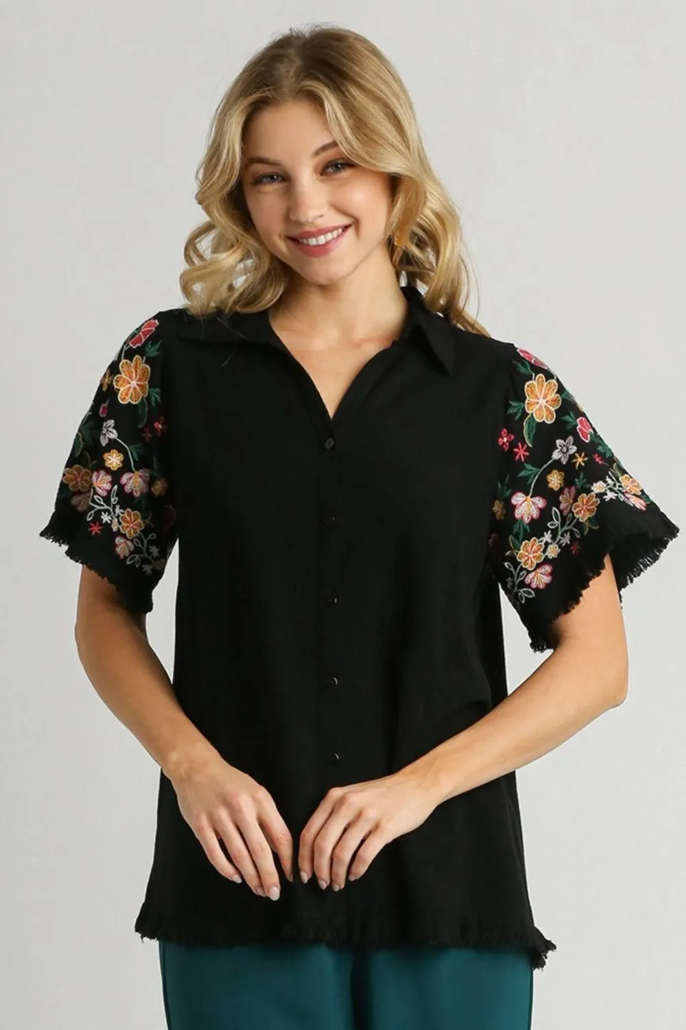 Umgee Full Size Linen Shirt with Embroidered Sleeves Plus Size sold by Charming Charlie product image thumbnail 2
