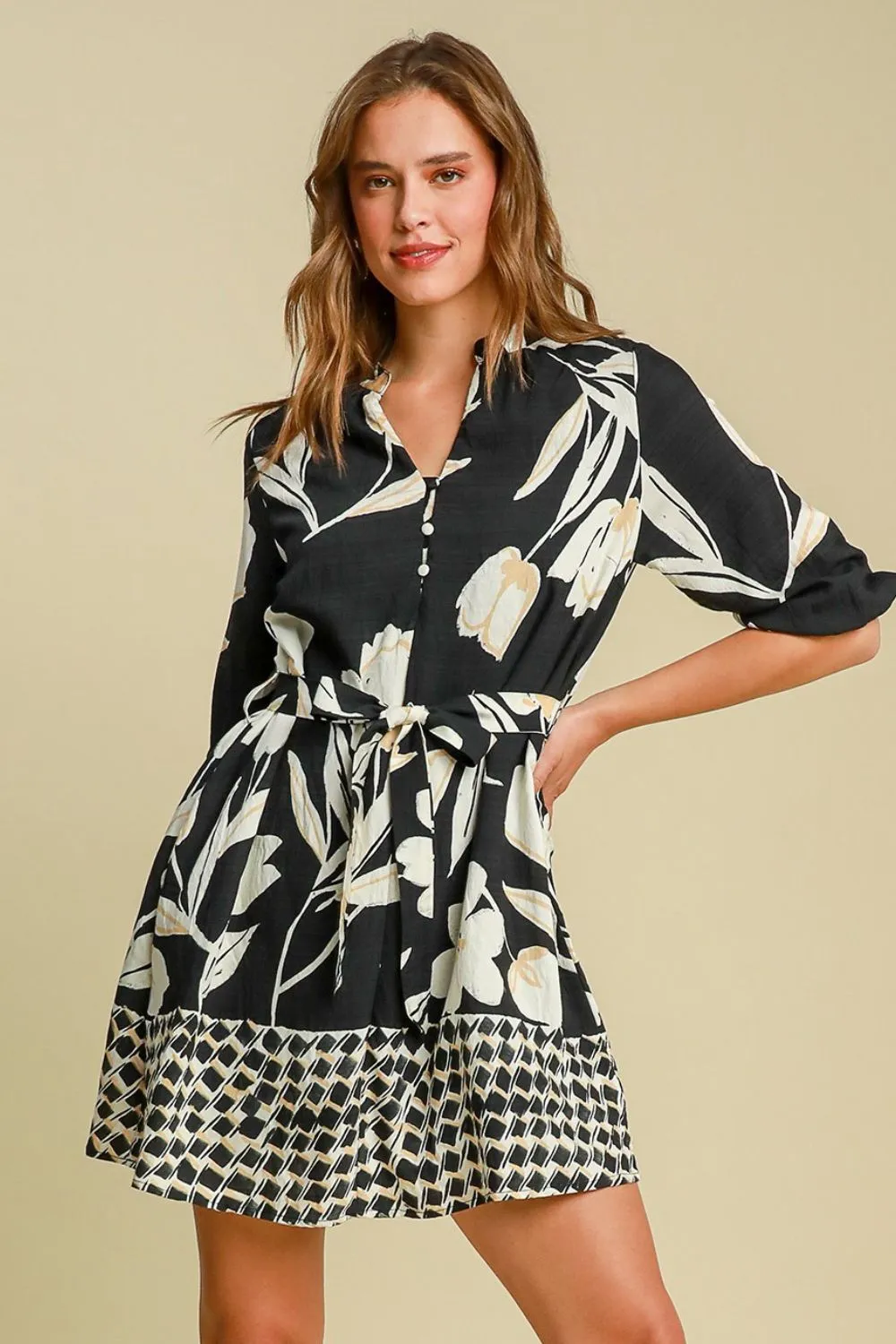 Umgee Full Size Floral Print Notched Tie Waist Mini Dress Plus Size sold by Charming Charlie product image thumbnail 2