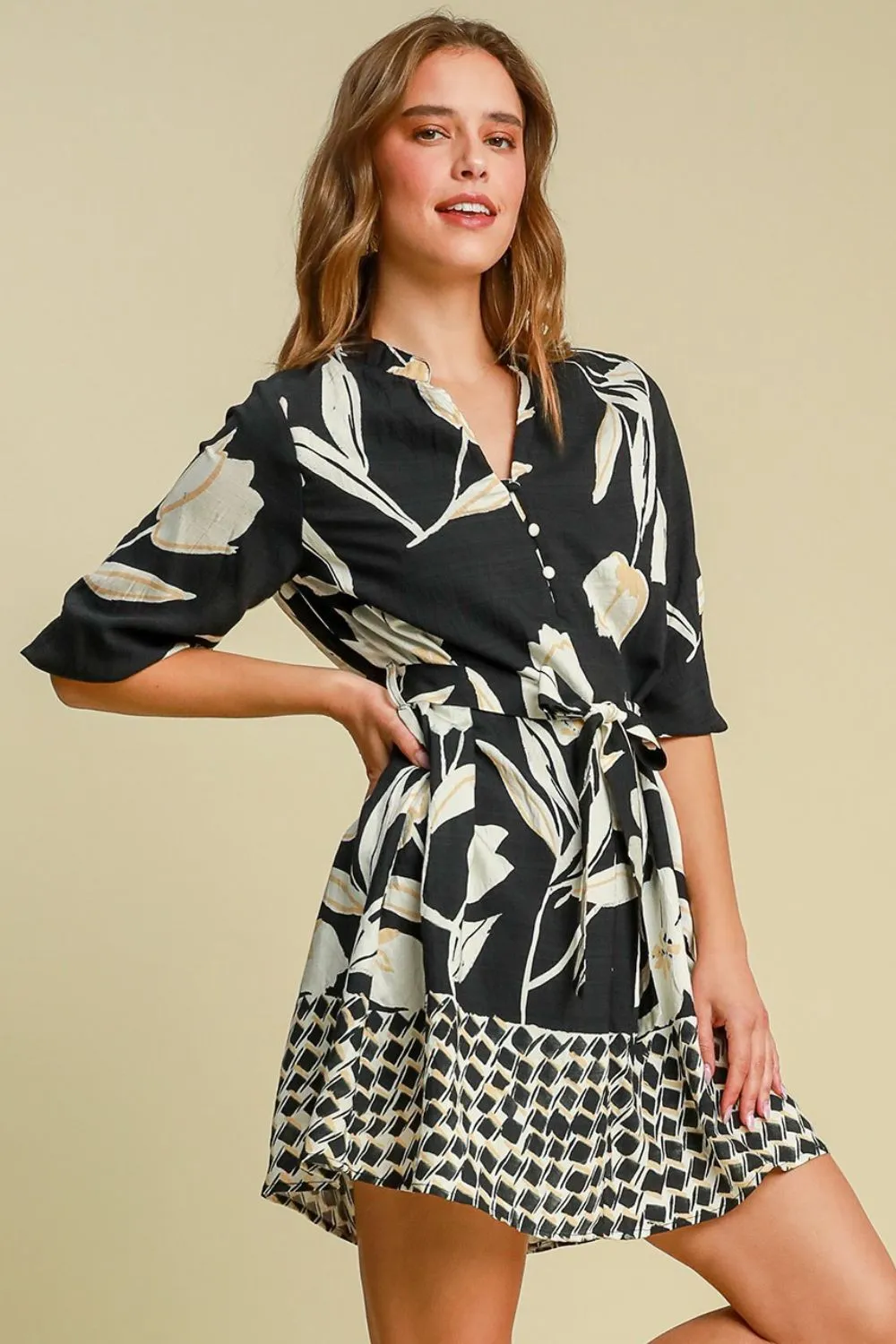 Umgee Full Size Floral Print Notched Tie Waist Mini Dress Plus Size sold by Charming Charlie product image thumbnail 3