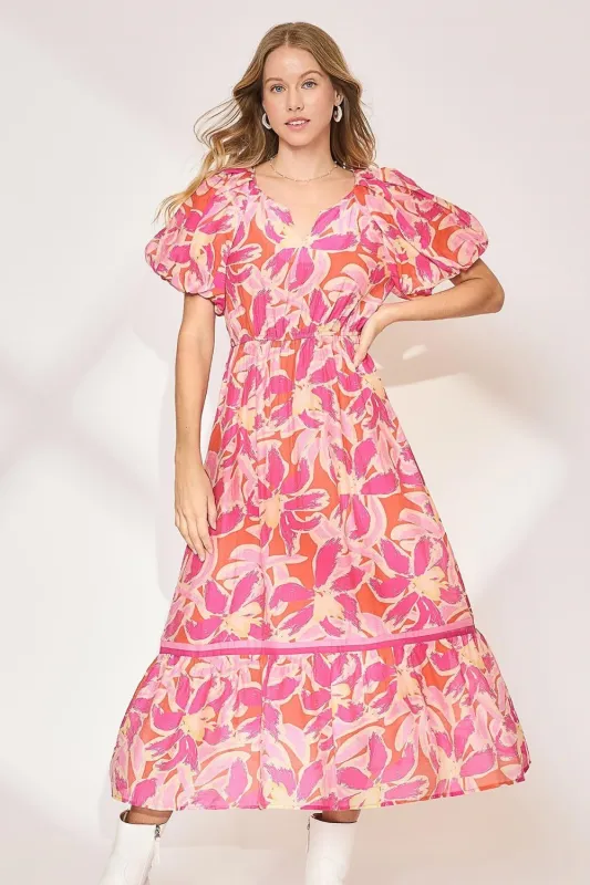 Umgee Floral Notched Puff Sleeve Midi Dress sold by Charming Charlie