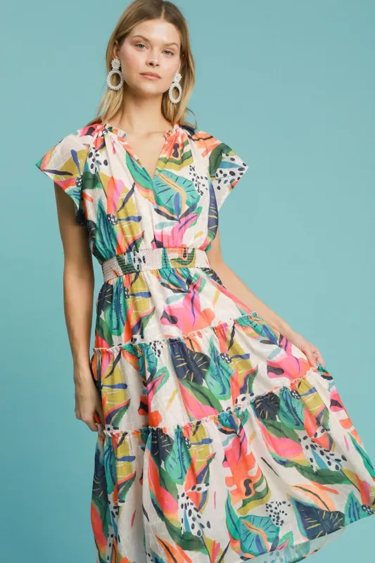 Umgee Full Size Leaf Print Cap Sleeve Tiered Midi Dress Plus Size sold by Charming Charlie