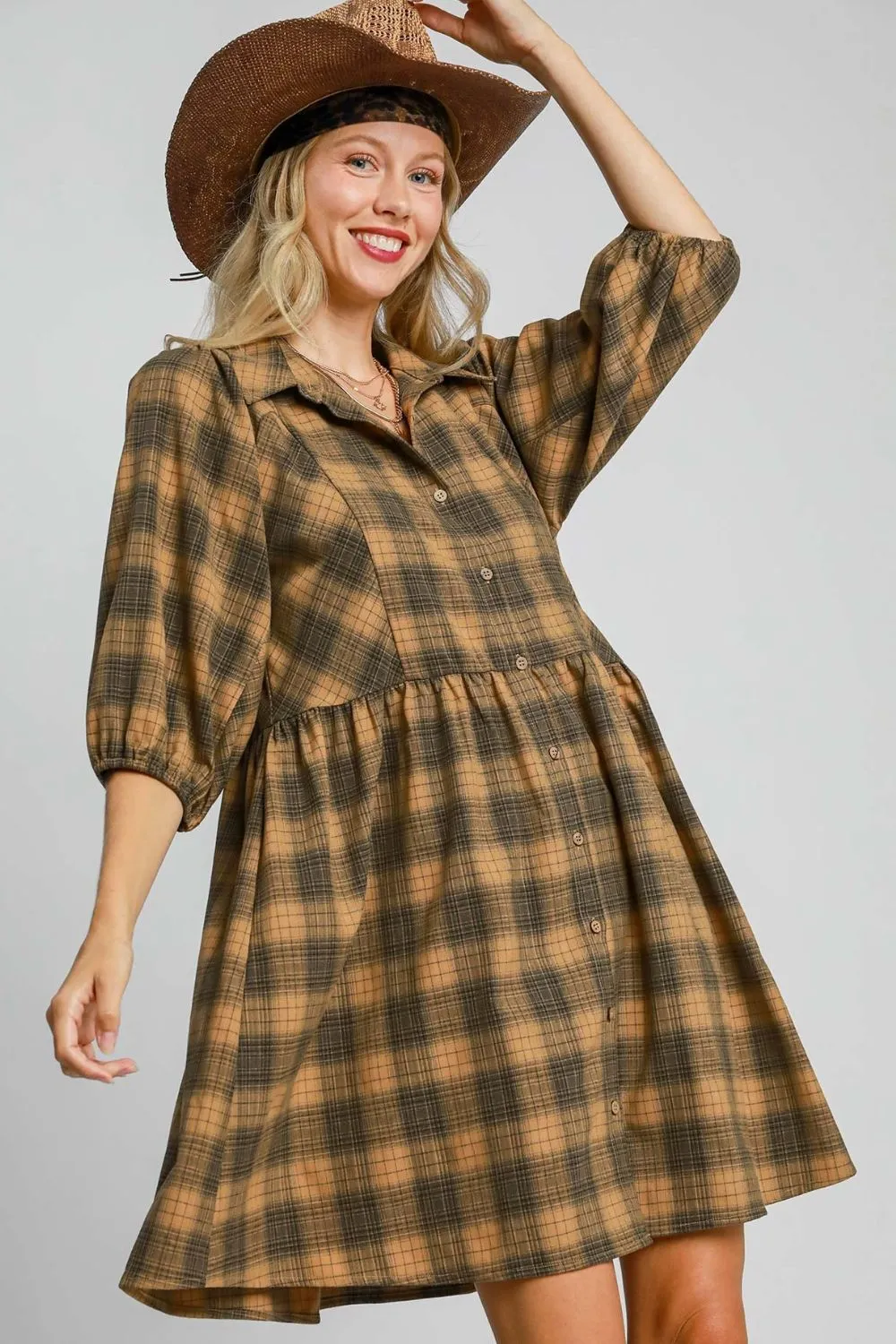 Umgee Full Size Plaid Button Front Collared Neck Mini Shirt Dress Plus Size sold by Charming Charlie