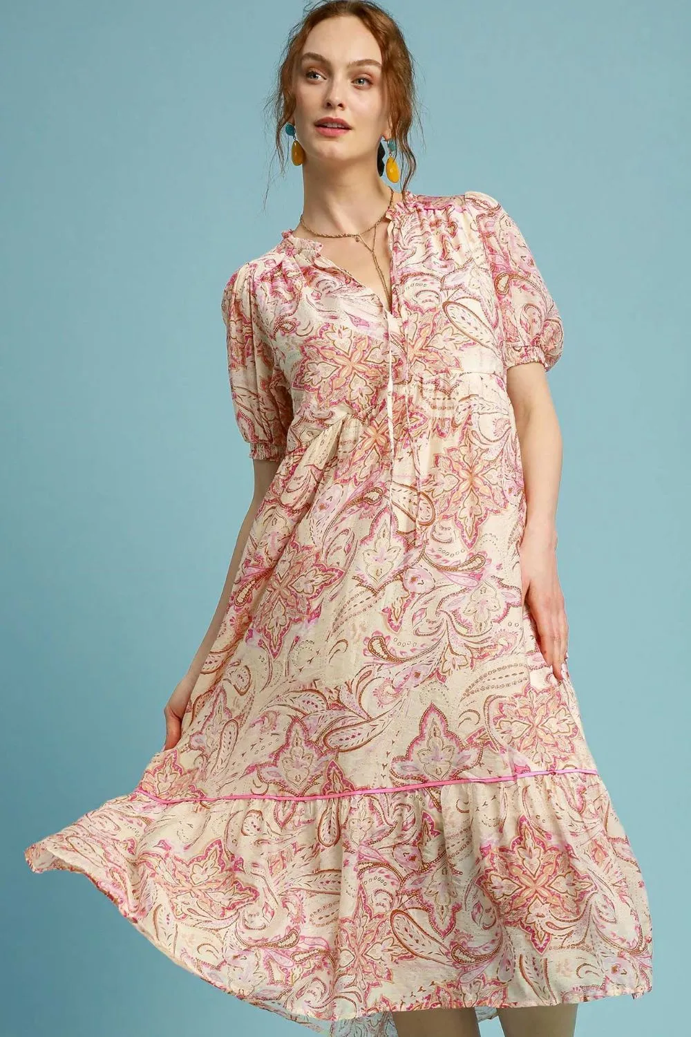 Umgee Full Size Printed Puff Short Sleeve Midi Dress Plus Size sold by Charming Charlie