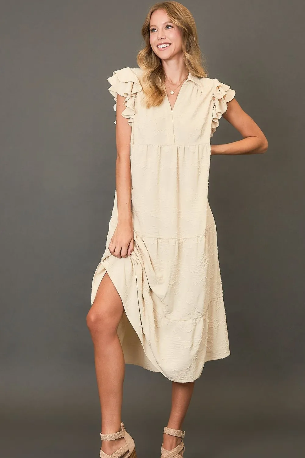 Umgee Full Size Tiered Floral Burnout Ruffle Sleeve Midi Dress Plus Size sold by Charming Charlie