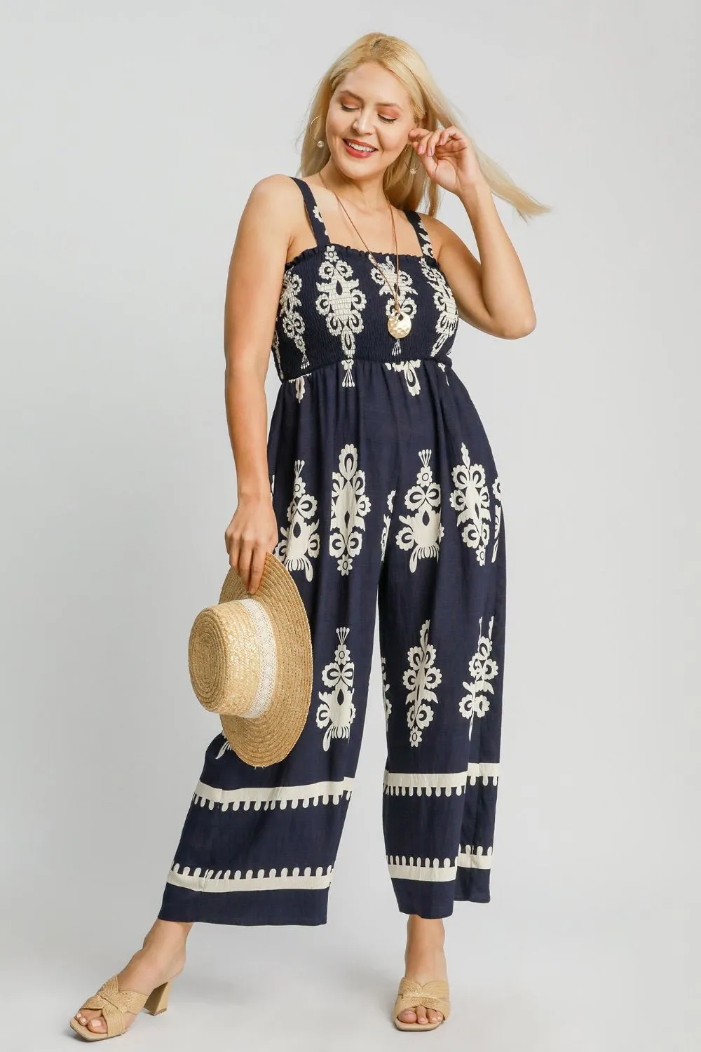 Umgee Full Size Smocked Printed Wide Leg Jumpsuit Plus Size sold by Charming Charlie product image thumbnail 2