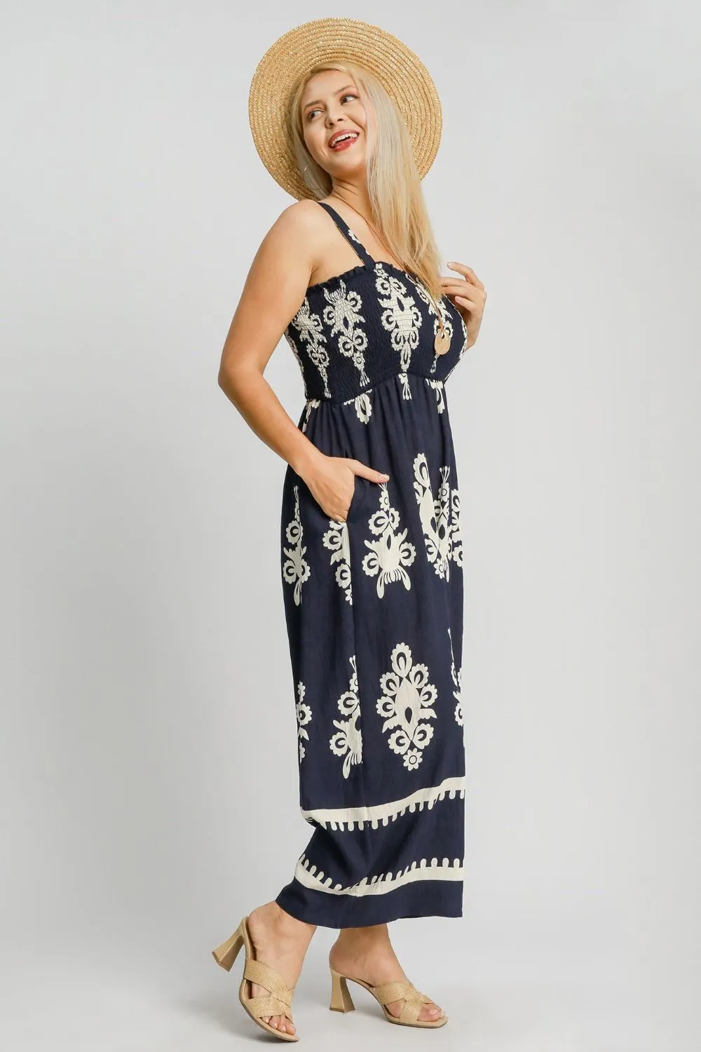 Umgee Full Size Smocked Printed Wide Leg Jumpsuit Plus Size sold by Charming Charlie product image thumbnail 3
