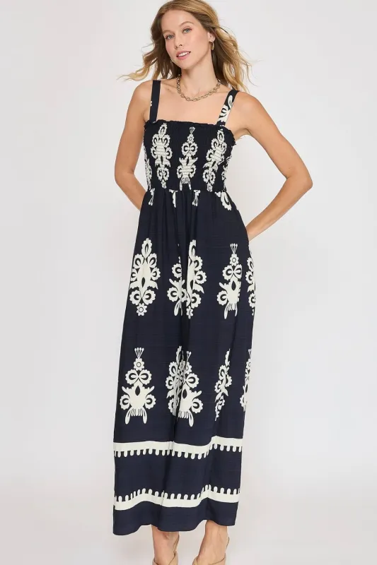 Umgee Full Size Smocked Printed Wide Leg Jumpsuit Plus Size sold by Charming Charlie