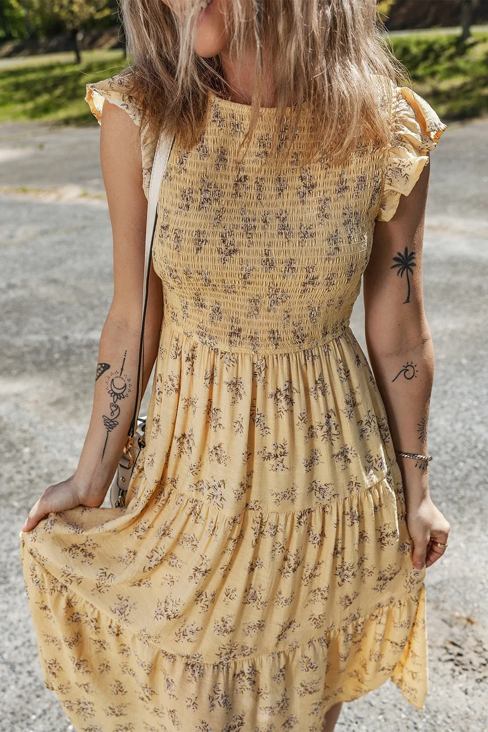 Floral Print Ruffle Cap Sleeve Smocked Flowy Dress sold by Charming Charlie product image thumbnail 5