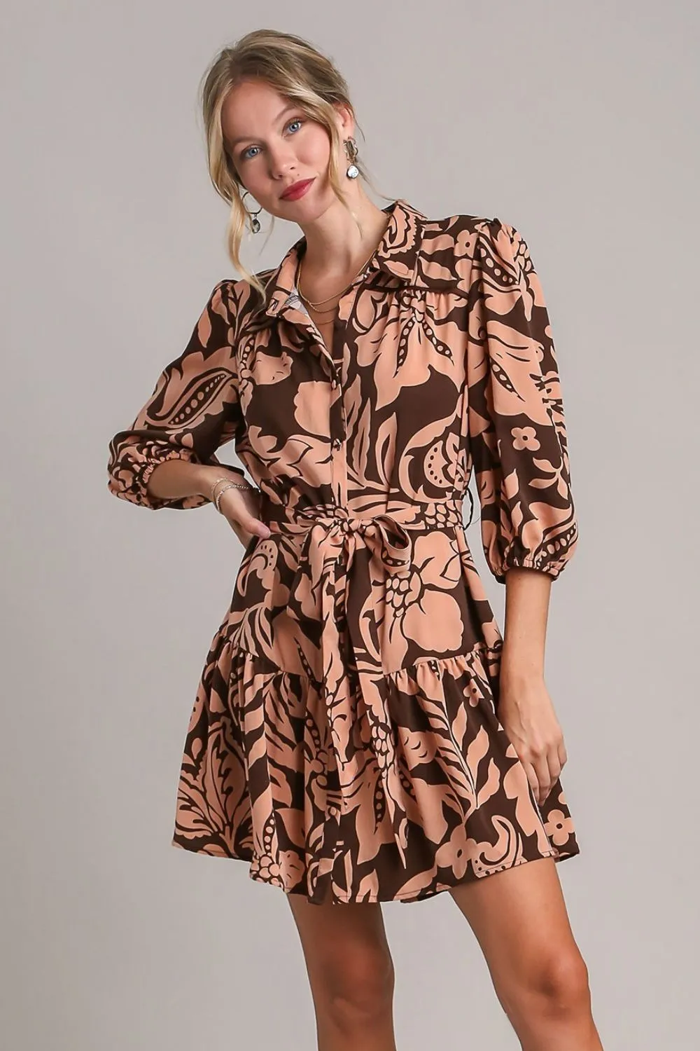 Umgee Full Size Two Tone Floral Print Puff Sleeve Tie Waist Dress Plus Size sold by Charming Charlie product image thumbnail 2