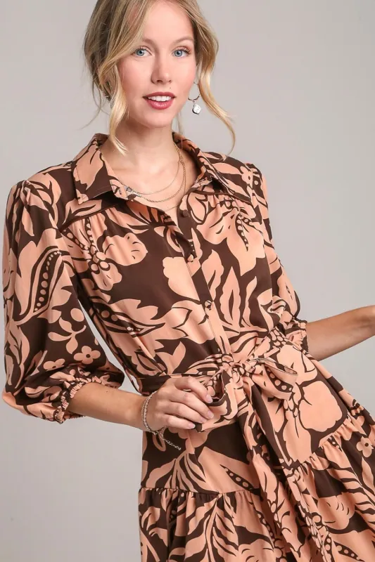 Umgee Full Size Two Tone Floral Print Puff Sleeve Tie Waist Dress Plus Size sold by Charming Charlie