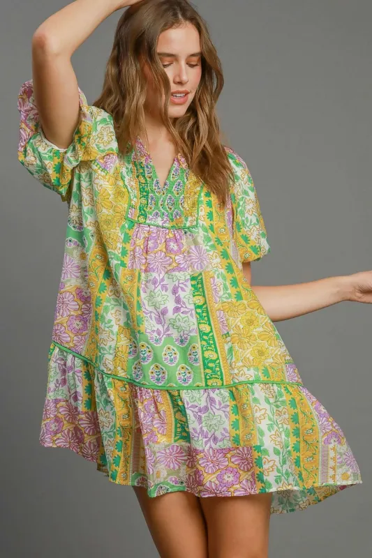 Umgee Full Size Smocked Floral Puff Sleeve Mini Dress Plus Size sold by Charming Charlie