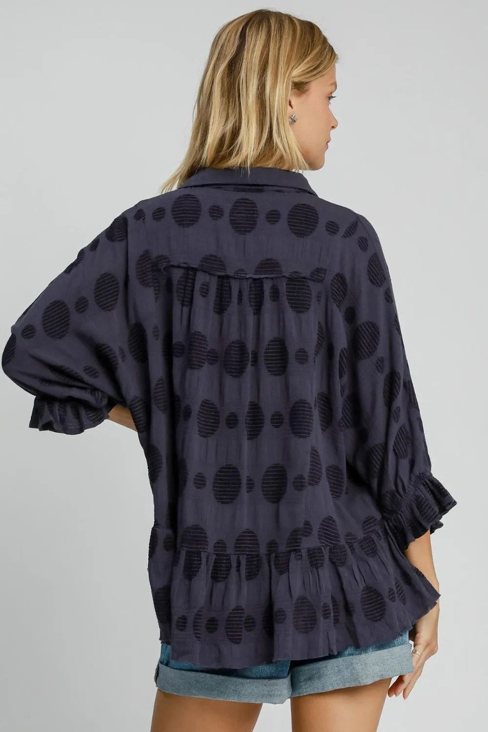 Umgee Full Size Swiss Dot Half Button Flounce Sleeve Blouse Plus Size sold by Charming Charlie product image thumbnail 2
