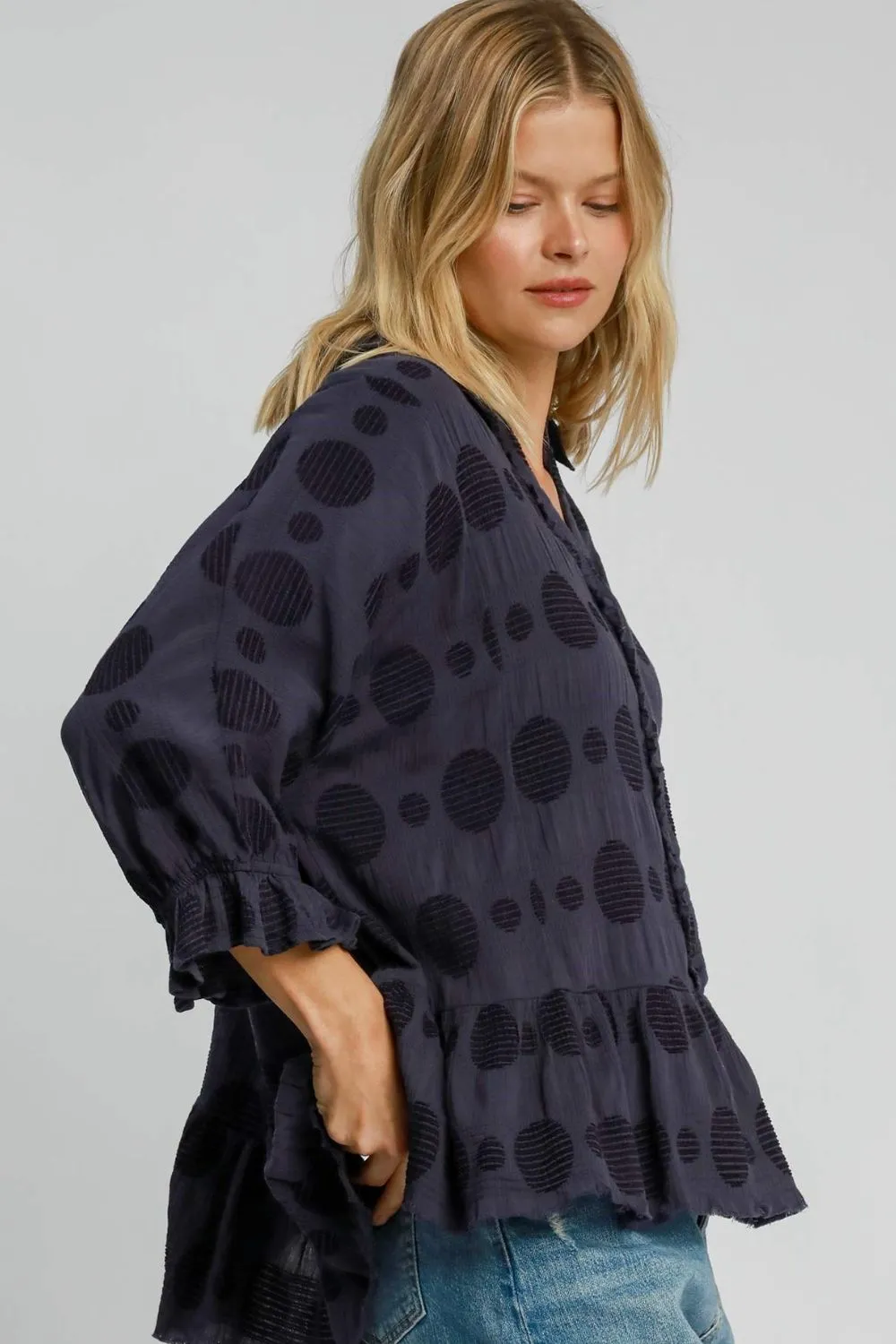 Umgee Full Size Swiss Dot Half Button Flounce Sleeve Blouse Plus Size sold by Charming Charlie product image thumbnail 3