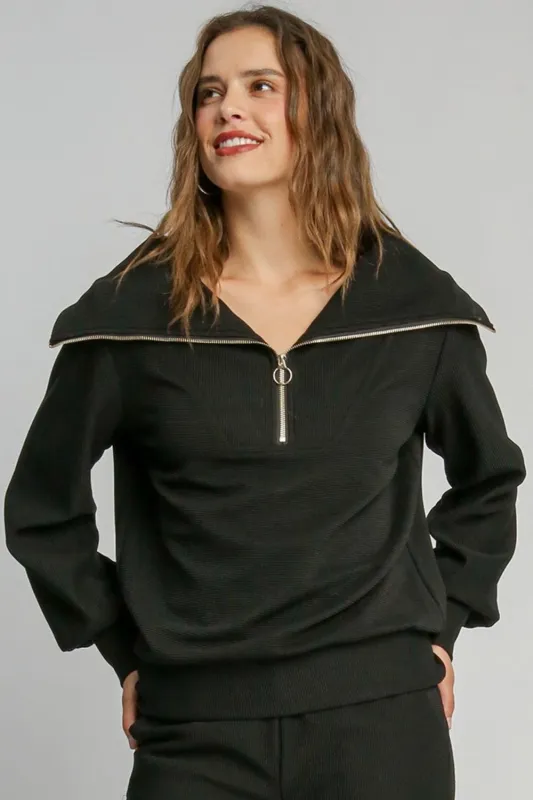Umgee Full Size Ribbed Knit Half Zipper Sweatshirt Plus Size sold by Charming Charlie