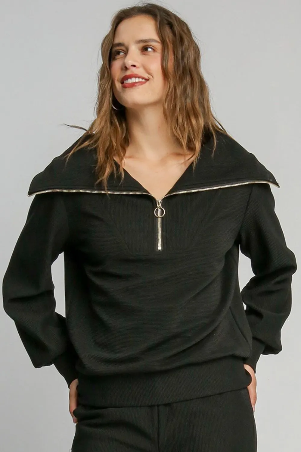 Umgee Full Size Ribbed Knit Half Zipper Sweatshirt Plus Size sold by Charming Charlie