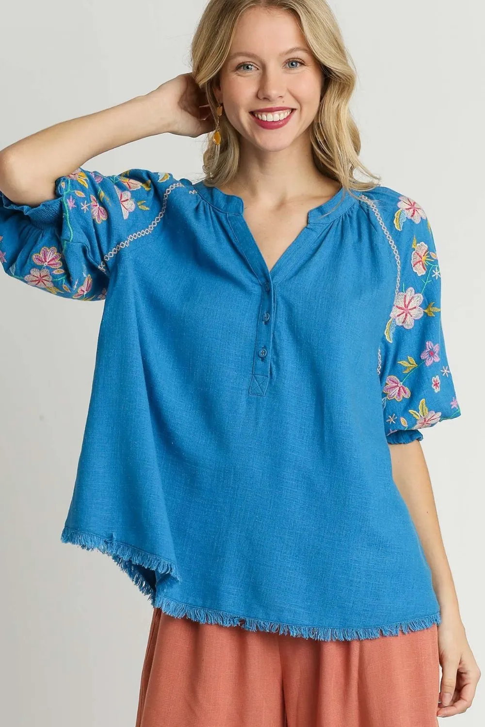 Umgee Full Size Half Button Top with Embroidery Sleeves Plus Size sold by Charming Charlie