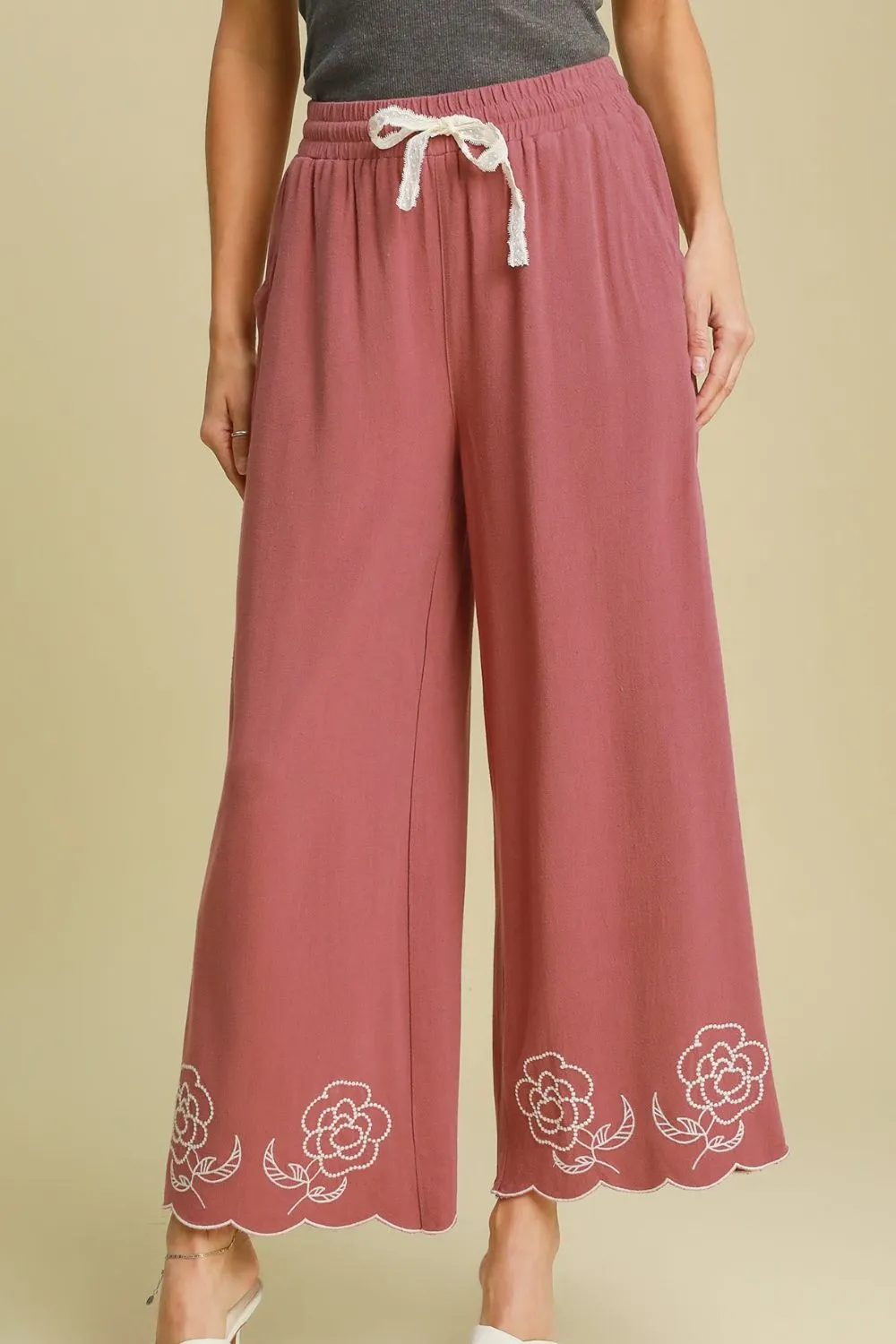 Umgee Full Size Linen Blend Wide Leg Pants with Scalloped Hemline Plus Size sold by Charming Charlie