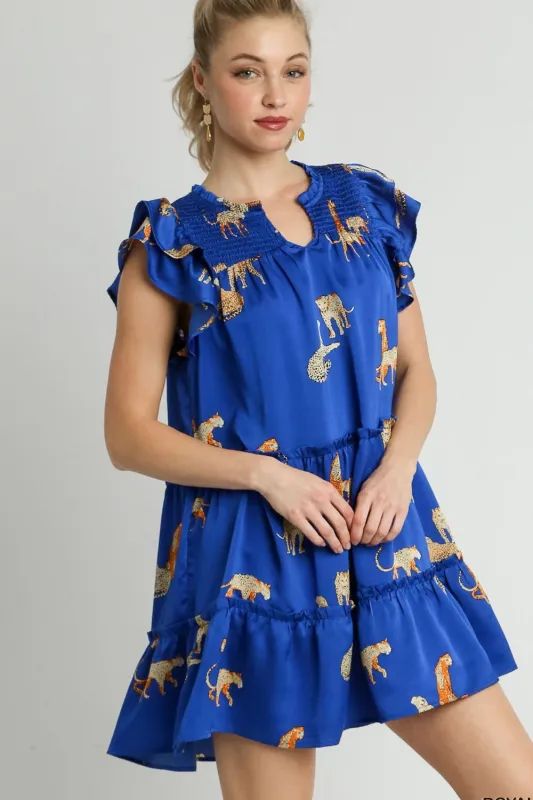 Umgee Full Size Cheetah Print Notched Ruffle Layered Cap Sleeve Mini Dress Plus Size sold by Charming Charlie