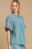 Umgee Full Size Embroidered Puff Sleeve Mock Neck Top Plus Size sold by Charming Charlie