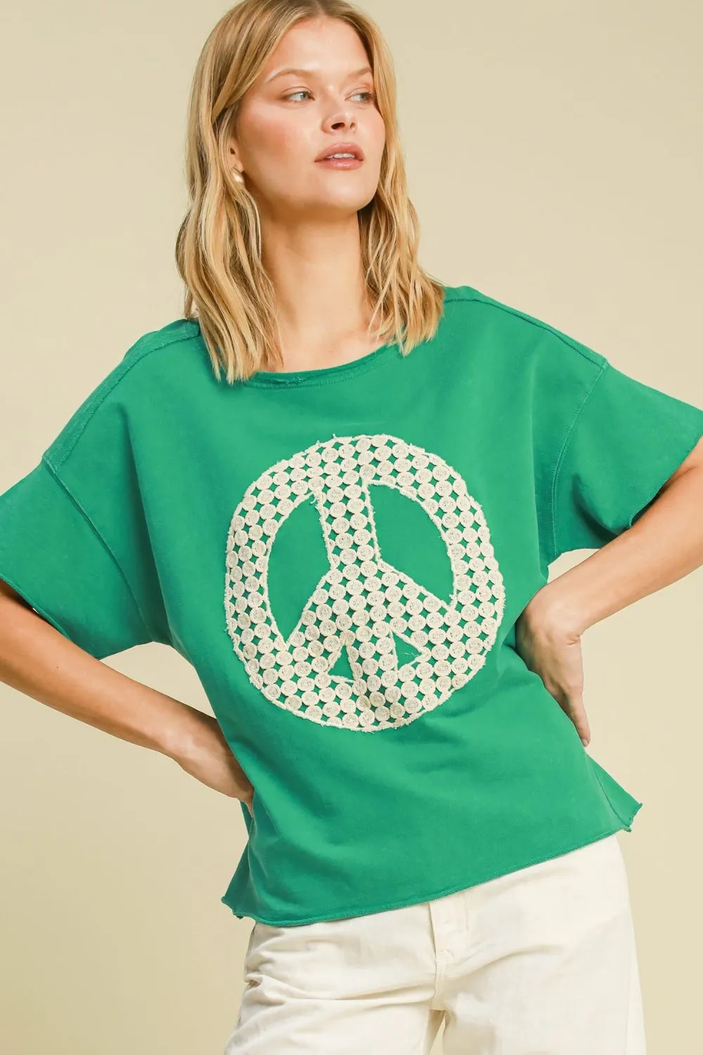 Umgee Full Size Mineral Wash T-Shirt with Lace Applique Plus Size sold by Charming Charlie