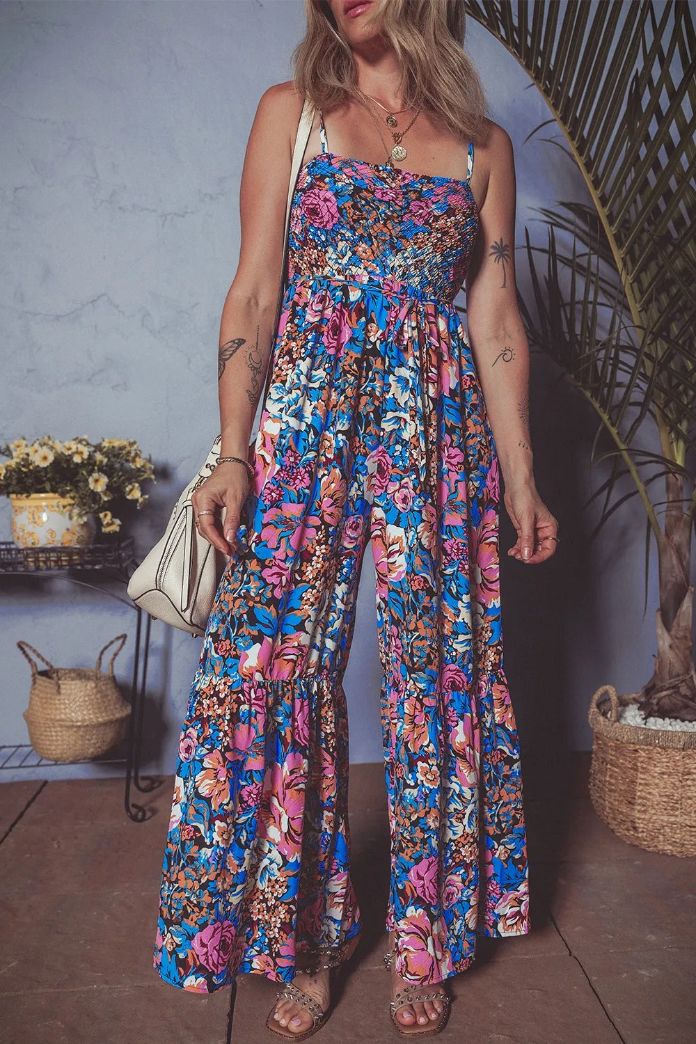 Floral Smocked Spaghetti Straps Wide Leg Jumpsuit sold by Charming Charlie product image thumbnail 4
