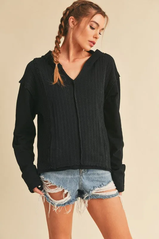 Aemi + Co Frayed Hem Exposed Seam Long Sleeve Hoodie sold by Charming Charlie