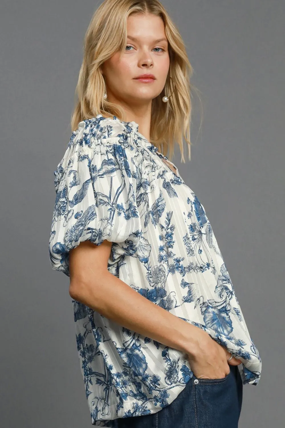 Umgee Full Size Floral Print Metallic Ruffle Blouse Plus Size sold by Charming Charlie product image thumbnail 2