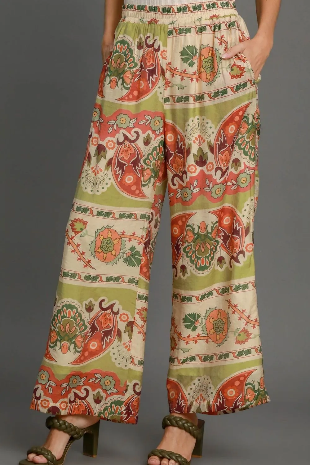 Umgee Full Size Wide Leg Border Print Pants Plus Size sold by Charming Charlie