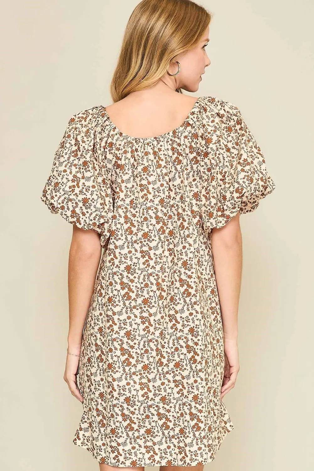 Umgee Full Size Lace Tape Drawstring Floral Puff Sleeve Mini Dress Plus Size sold by Charming Charlie product image thumbnail 4