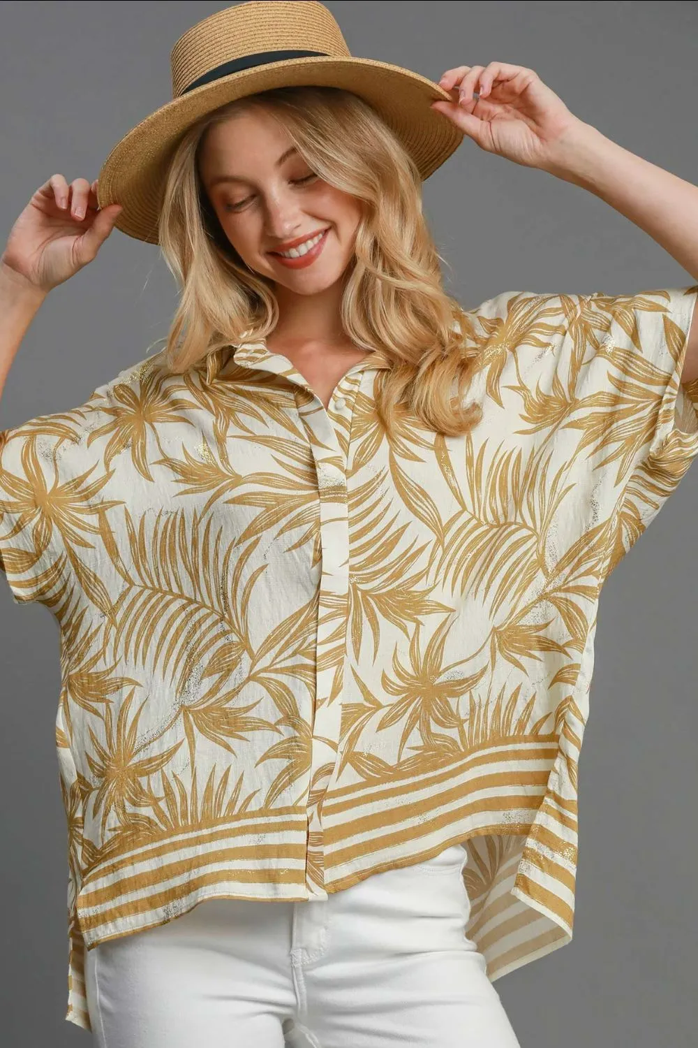Umgee Full Size Tropical Print Button Down Shirt Plus Size sold by Charming Charlie