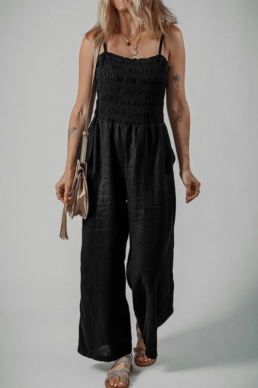 Smocked Spaghetti Straps Wide Leg Jumpsuit sold by Charming Charlie product image thumbnail 2