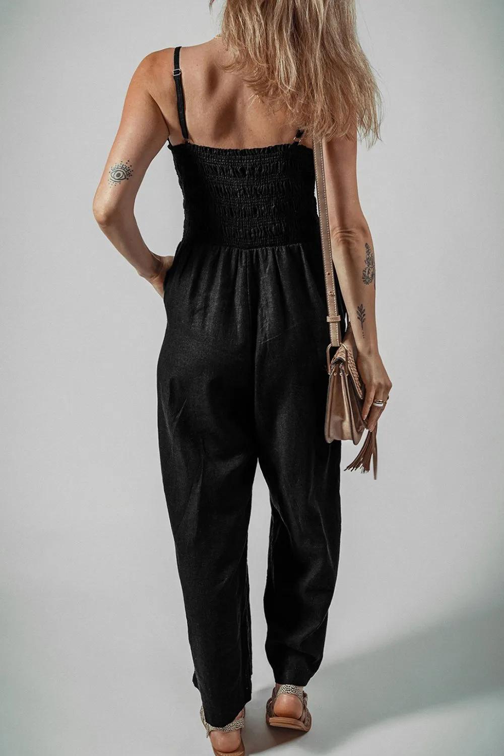 Smocked Spaghetti Straps Wide Leg Jumpsuit sold by Charming Charlie product image thumbnail 4