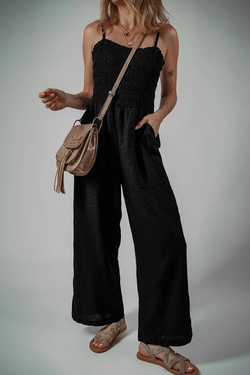Smocked Spaghetti Straps Wide Leg Jumpsuit sold by Charming Charlie product image thumbnail 3