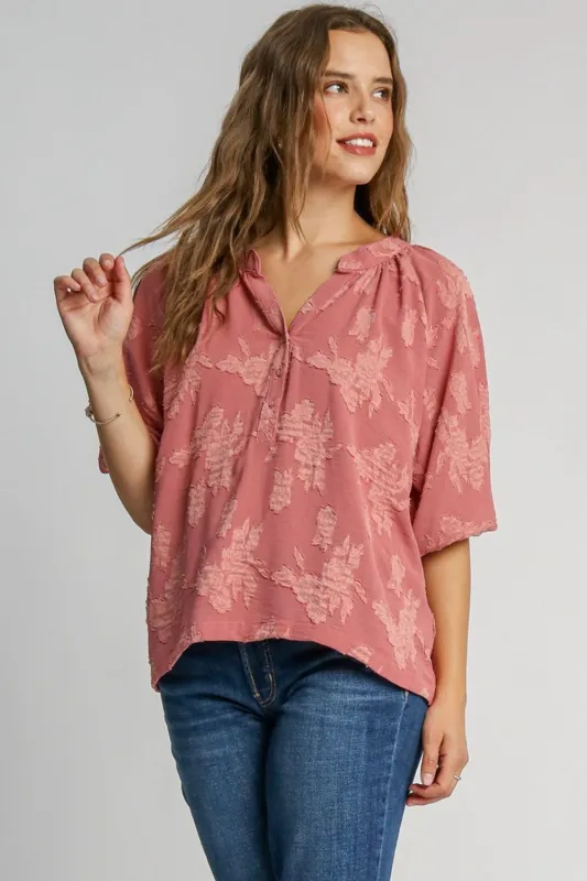 Umgee Full Size Notched Button Detail Half Sleeve Blouse Plus Size sold by Charming Charlie