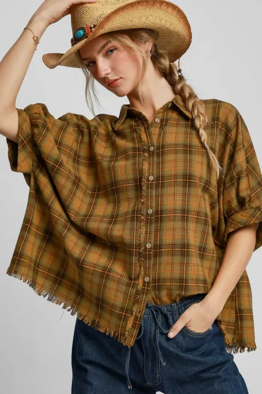 Umgee Full Size Raw Hem Plaid Collared Neck Half Sleeve Shirt Plus Size sold by Charming Charlie