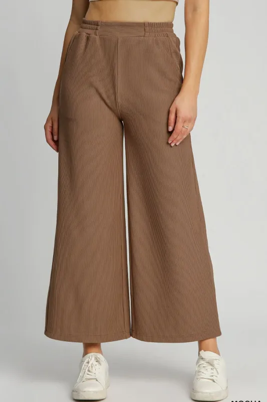Umgee Full Size Ribbed Knit Elastic Waistband Wide Leg Pants Plus Size sold by Charming Charlie