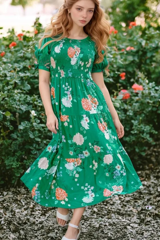 Floral Print Bubble Sleeve Smocked Tiered Midi Dress sold by Charming Charlie
