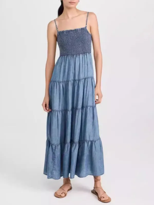 Smocked Square Neck Tiered Denim Cami Dress sold by Charming Charlie
