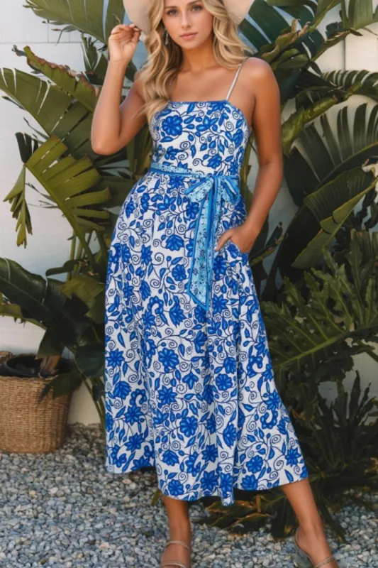 Floral Printed Spaghetti Strap Maxi Dress with Waist Tie sold by Charming Charlie