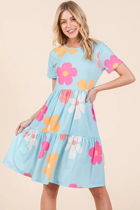 BOMBOM Floral Round Neck Short Sleeve Tiered Dress sold by Charming Charlie