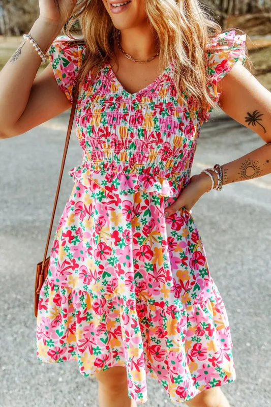 Smocked Floral V-Neck Ruffled Cap Sleeve Dress sold by Charming Charlie