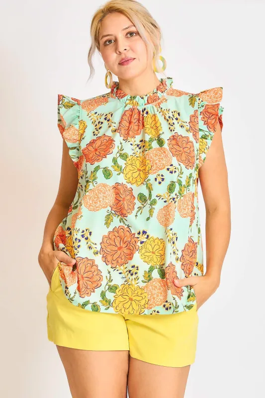 Umgee Plus Size Floral Print Ruffled Cap Sleeve Blouse sold by Charming Charlie