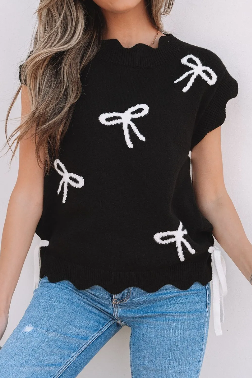 Bow Side Ties Scalloped Hem Cap Sleeve Sweater sold by Charming Charlie product image thumbnail 3