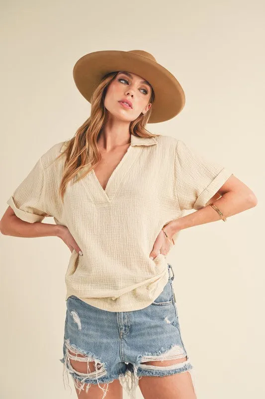 Aemi + Co Side Slit Johnny Collar Short Sleeve Cotton Gauze Blouse sold by Charming Charlie product image thumbnail 2