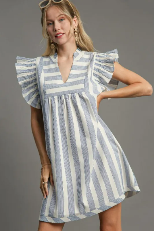 Umgee Full Size Striped Notched Ruffled Cap Sleeve Mini Dress Plus Size sold by Charming Charlie