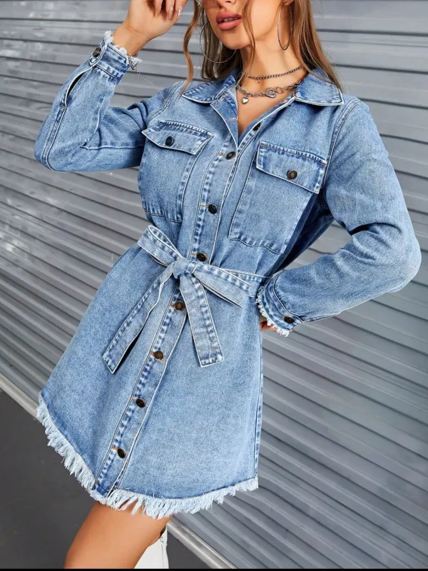 Raw Hem Collared Neck Long Sleeve Denim Dress sold by Charming Charlie