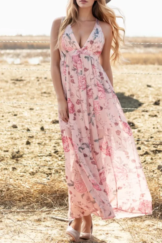 Floral Pleated Deep V Backless Maxi Dress sold by Charming Charlie